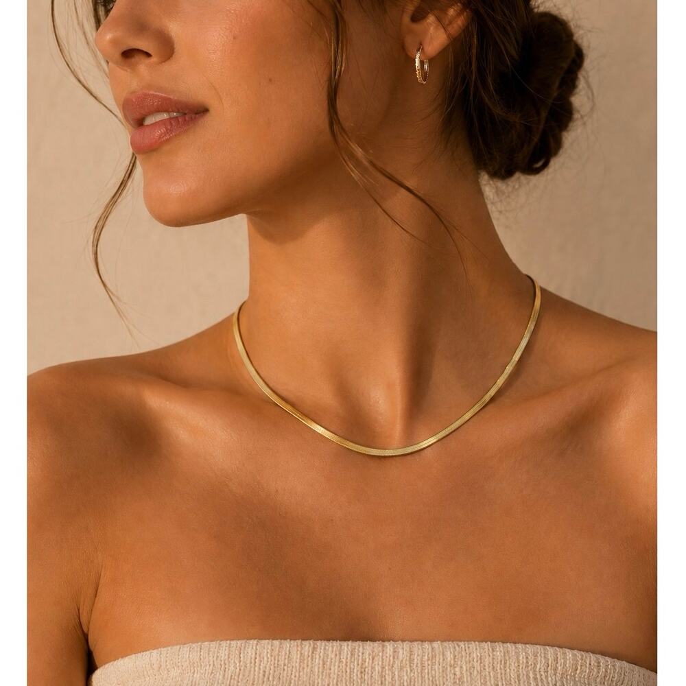18K Gold PVD Stainless Steel Herringbone Chain Necklace 16” Minimalist Jewelry